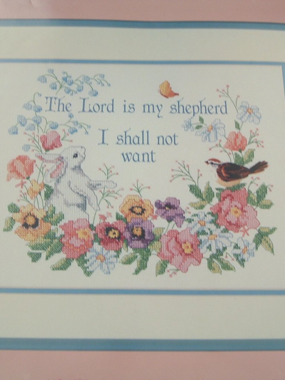 From the Heart Stamped Cross Stitch Kit 23rd Psalm  floral bunny pattern